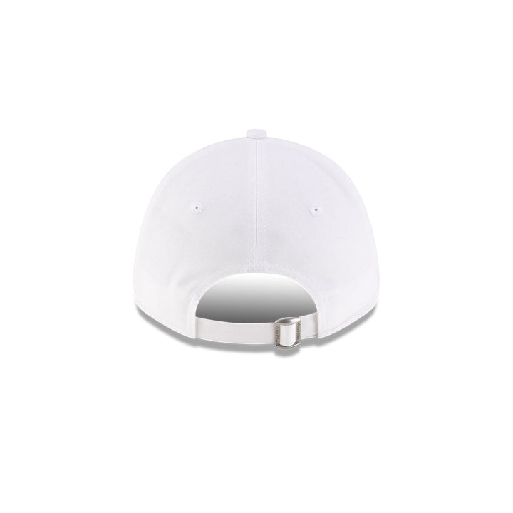 Rear view of New Era x Lacoste 9FORTY Women Core White Adjustable Cap showcasing cloth strapback and metal closure.