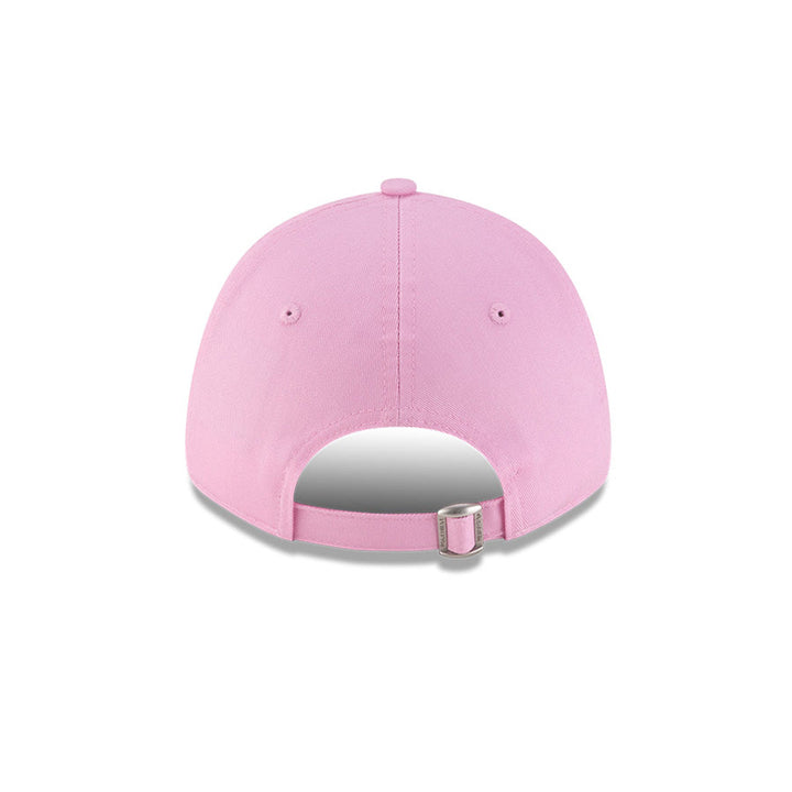 Rear view of New Era x Lacoste 9FORTY Women Core Pastel Pink Adjustable Cap showcasing cloth strapback and metal closure.