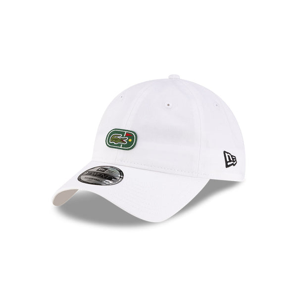 Front left view of New Era x Lacoste 9TWENTY Flag White Adjustable Cap highlighting the classic New Era flag logo.