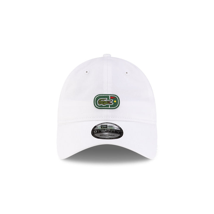 Front view of New Era x Lacoste 9TWENTY Flag White Adjustable Cap highlighting the centered iconic crocodile logo.