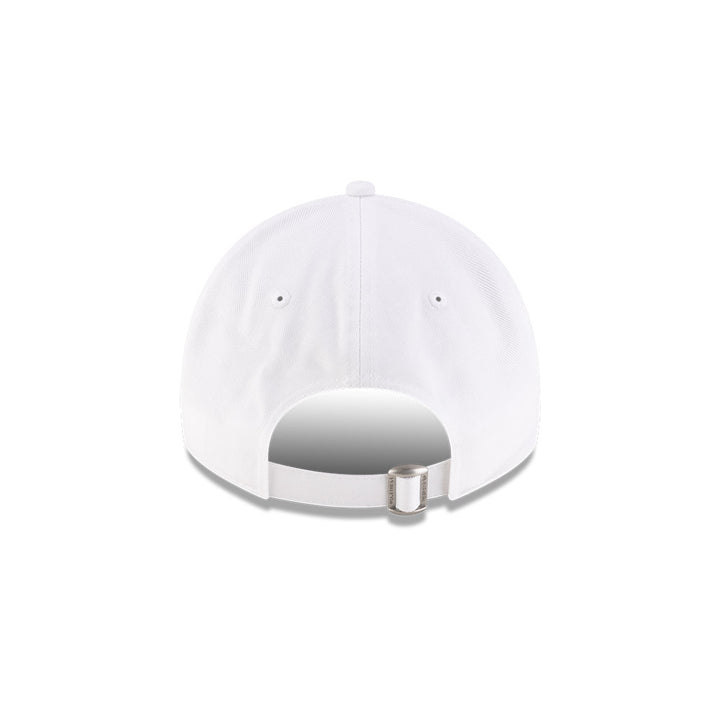 Rear view of New Era x Lacoste 9TWENTY Flag White Adjustable Cap showcasing cloth strapback and metal closure.