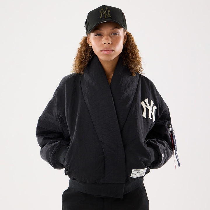 Women New York Yankees MLB x Alpha Industries Black Nylon Shawl Collar Bomber Jacket