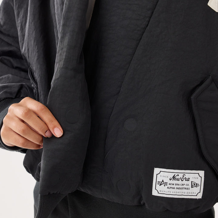 Women New York Yankees MLB x Alpha Industries Black Nylon Shawl Collar Bomber Jacket