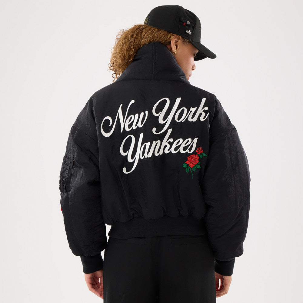 Women New York Yankees MLB x Alpha Industries Black Nylon Shawl Collar Bomber Jacket