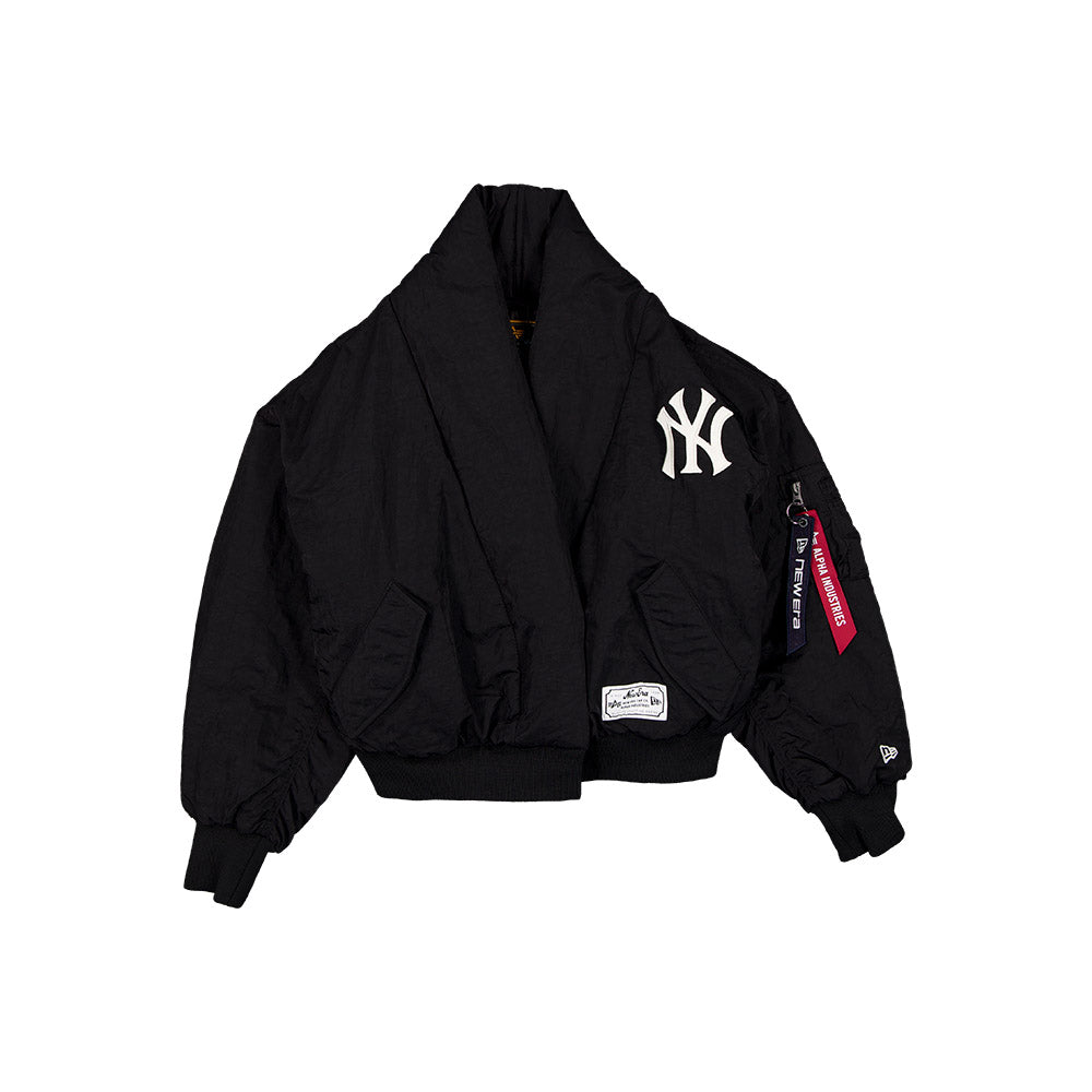 Women New York Yankees MLB x Alpha Industries Black Nylon Shawl Collar Bomber Jacket