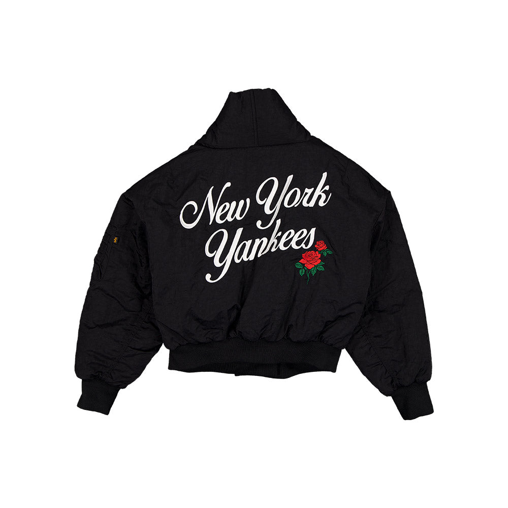 Women New York Yankees MLB x Alpha Industries Black Nylon Shawl Collar Bomber Jacket
