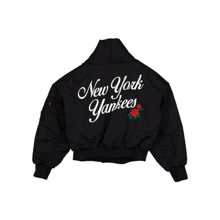 Women New York Yankees MLB x Alpha Industries Black Nylon Shawl Collar Bomber Jacket