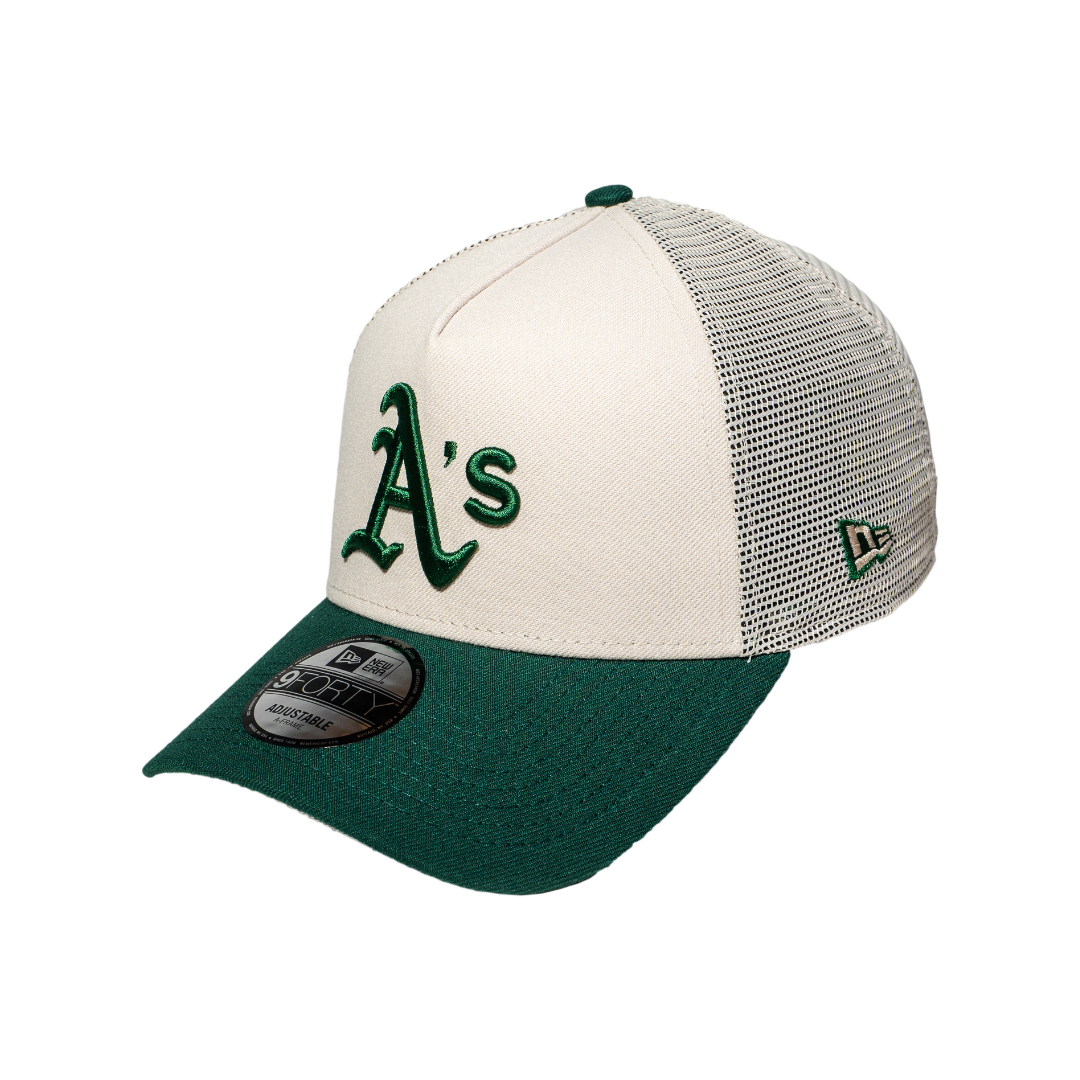 9FORTY A-Frame Trucker Oakland Athletics Stone Dark Green Snapback