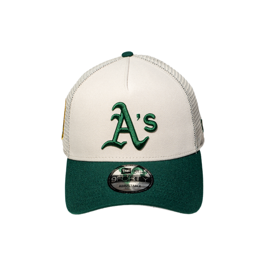 9FORTY A-Frame Trucker Oakland Athletics Stone Dark Green Snapback