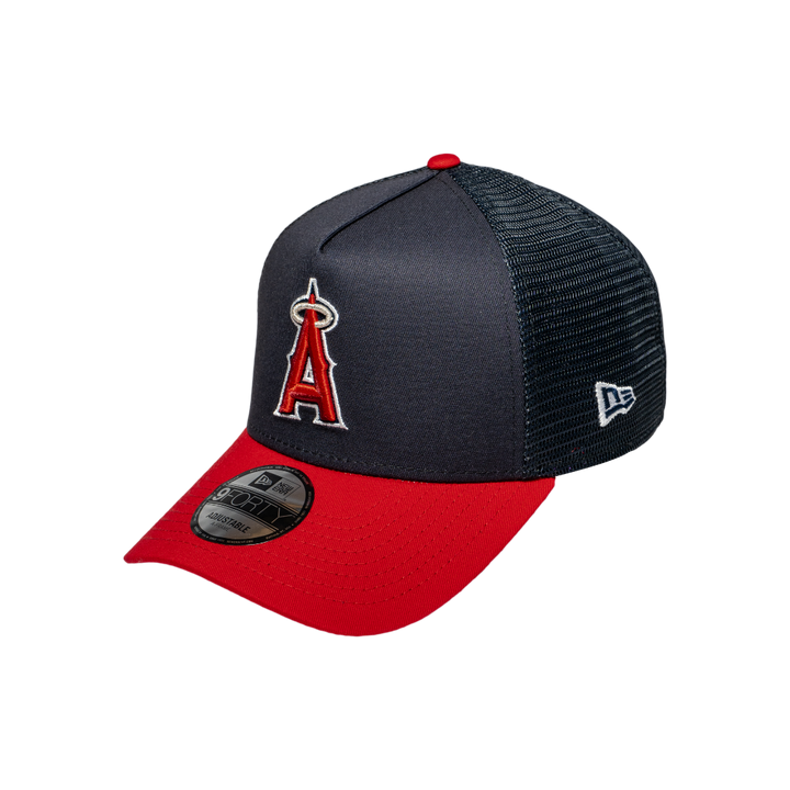 9FORTY A-Frame Trucker Los Angeles Angels Navy Scarlet Snapback